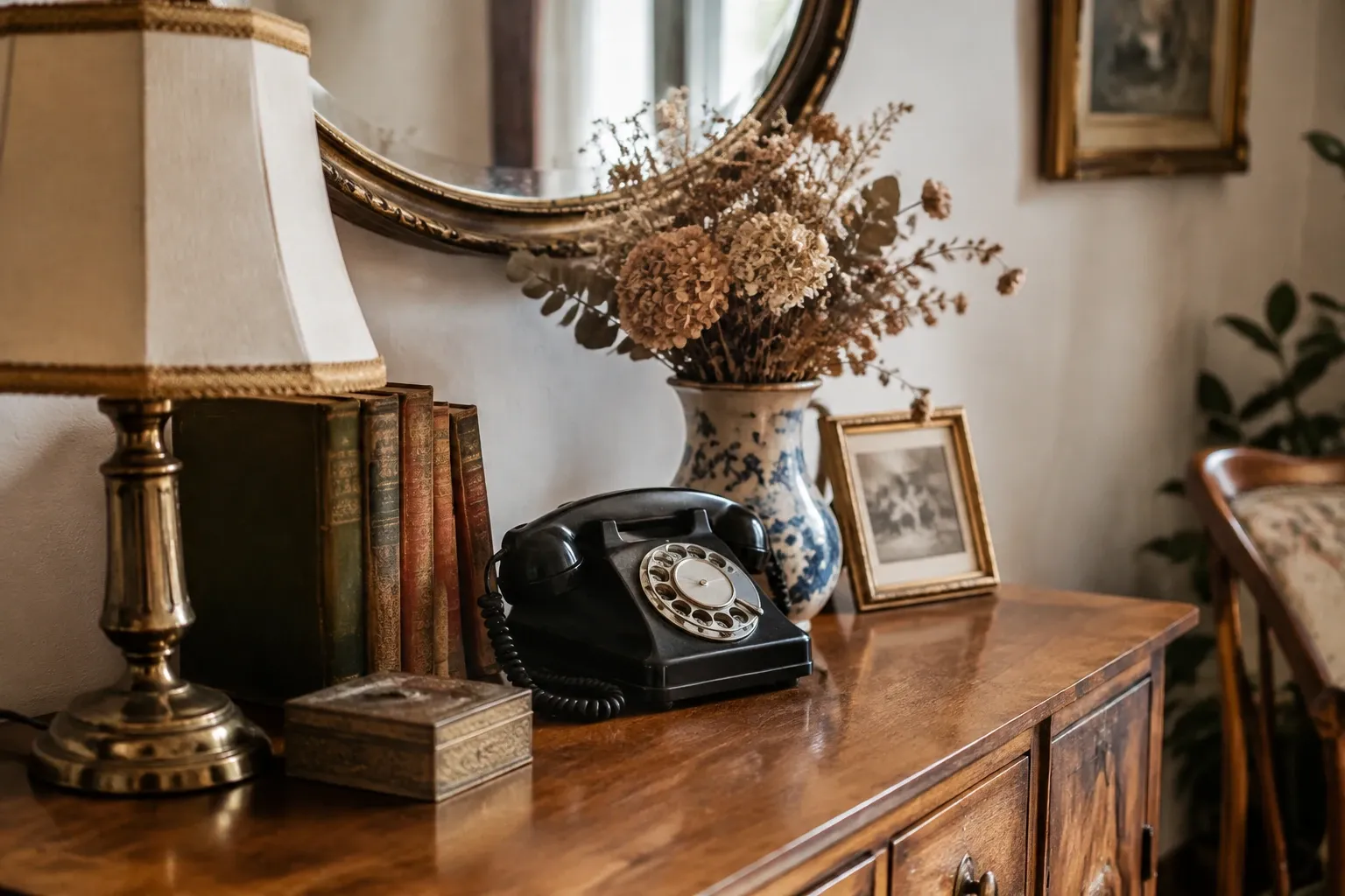 Retro černý telefon na dřevném komodě vedle vázy se sušenými květy
